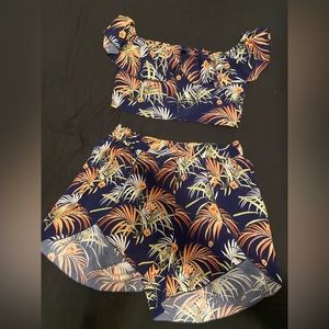 SHEIN Navy Tropical Floral Printed off The Shoulder Cropped Top and Shorts
